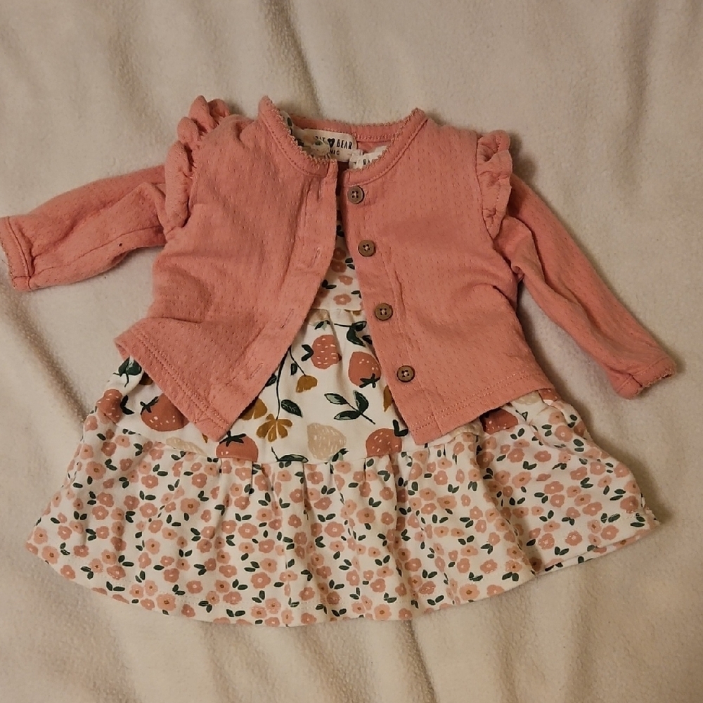 Rabbit Bear Organic White Dress w/ Floral/Strawberry Pattern + Matching Cardigan